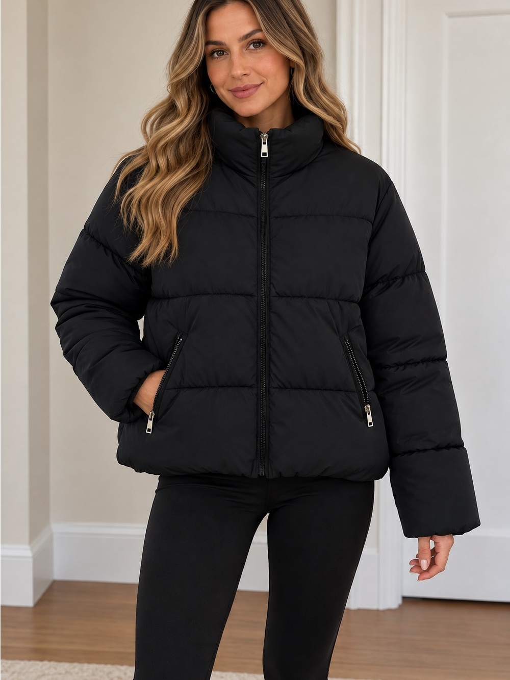 Women's Black Puffer Jacket with High Collar